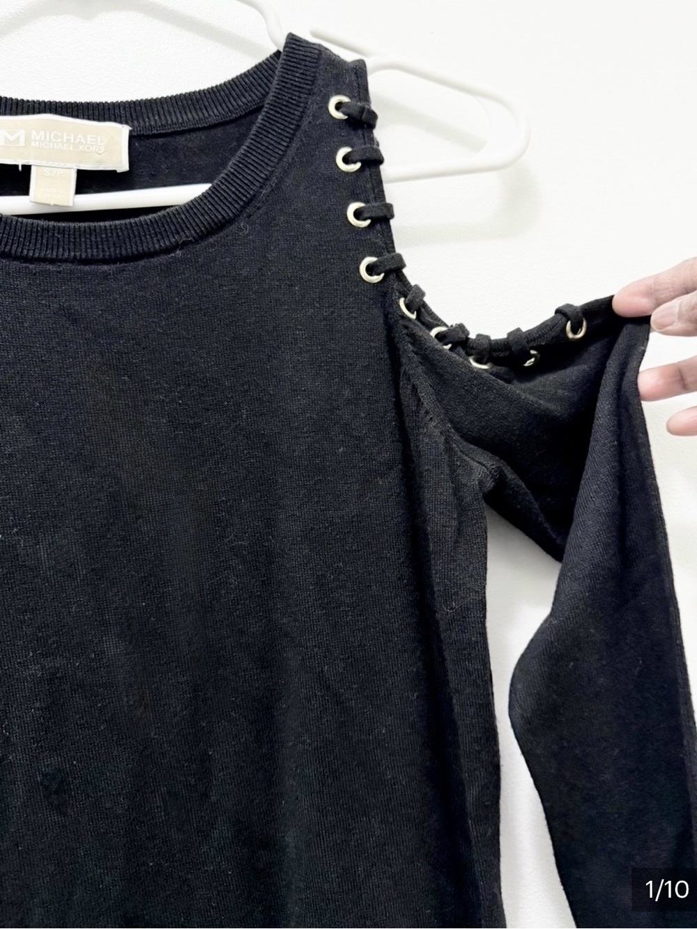 Michael Kors Black Cold-Shoulder Long Sleeve Top with Eyelet Lace-Up